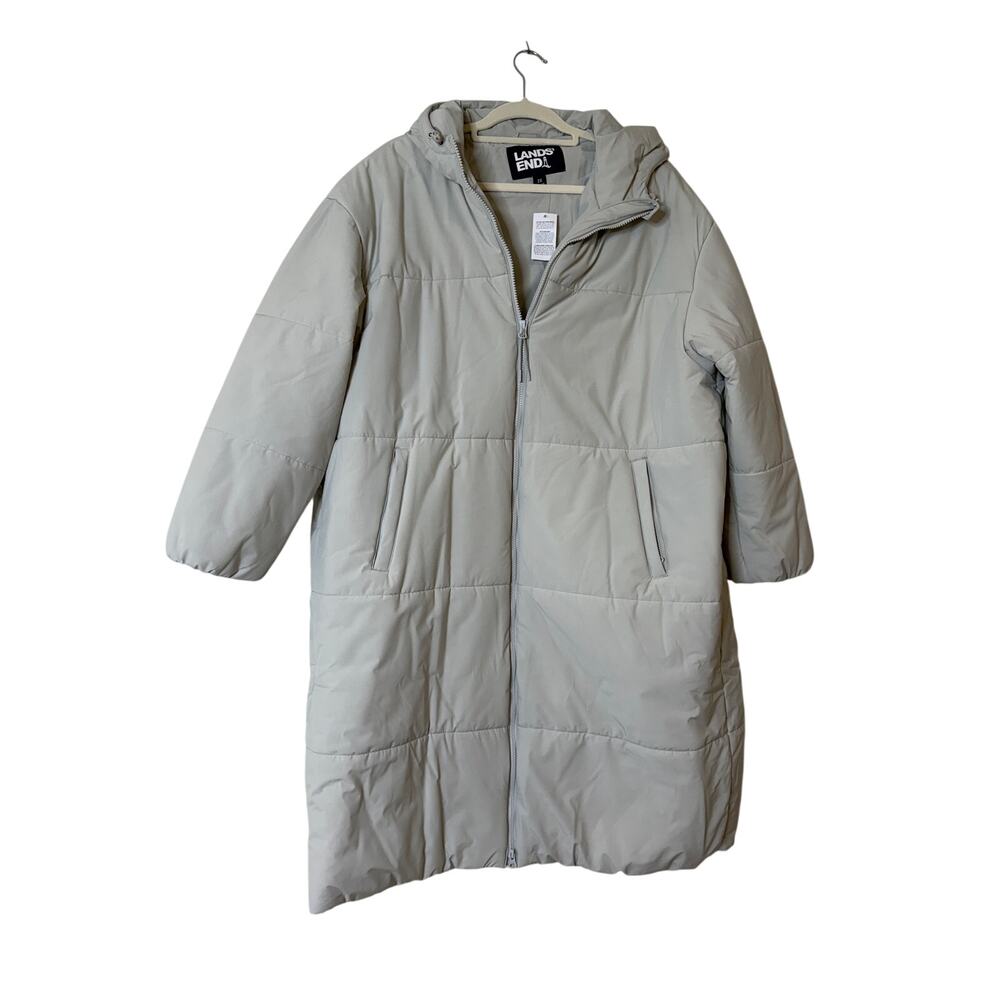 NWT Lands End Size 2X Plus Grey Zipper Front Puffer Jacket Hood Pockets Winter